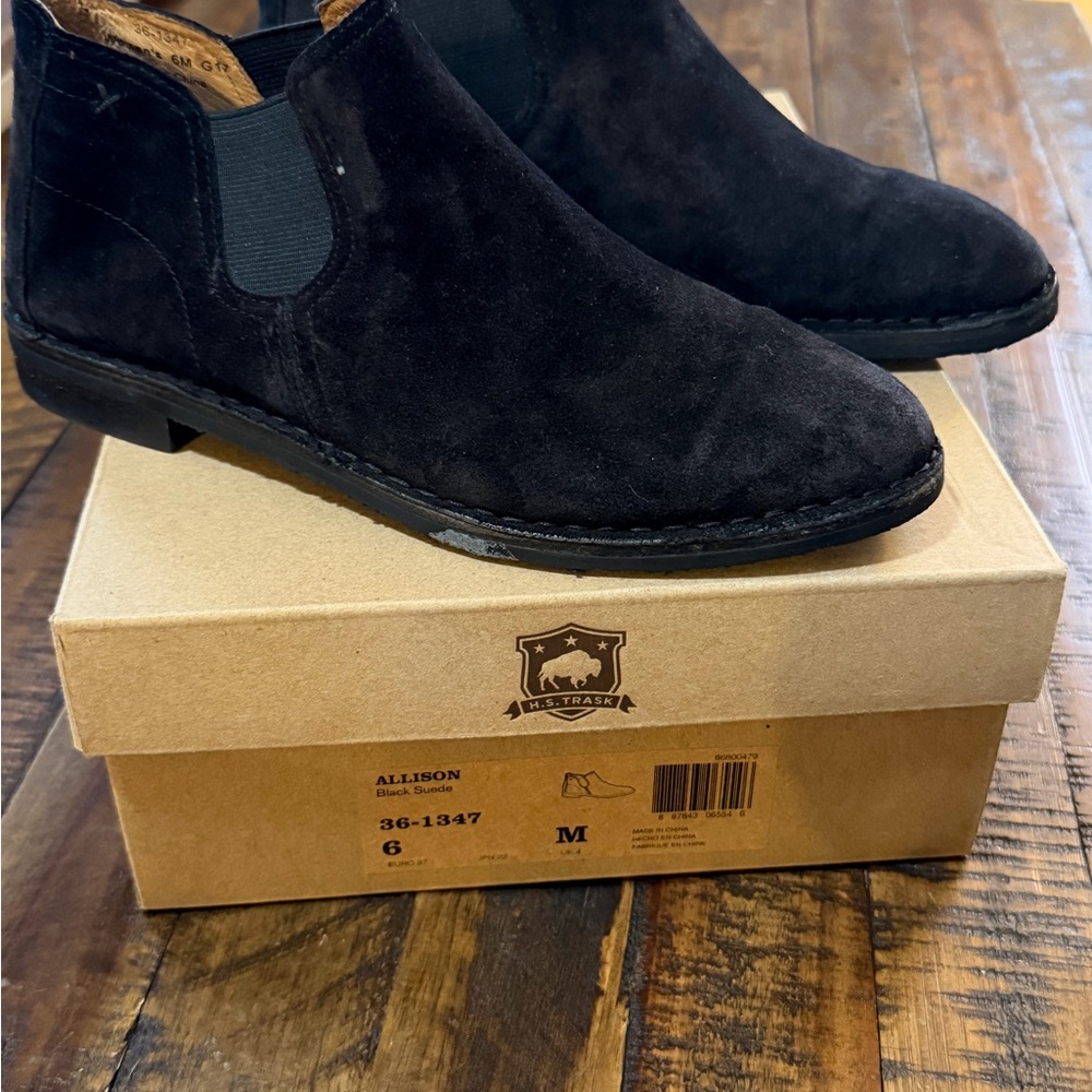 Trask Allison Black Suede Ankle Boots women's size 6.0